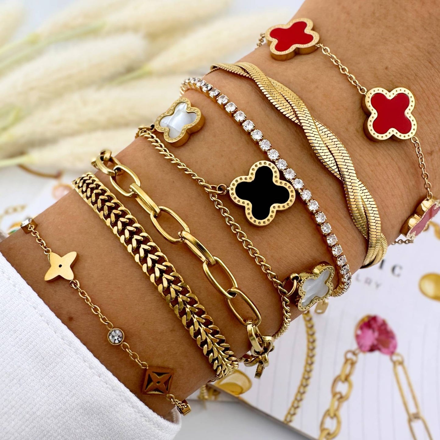 18K Gold Plated Stainless Steel Bracelet With Red Enamel Flower Design