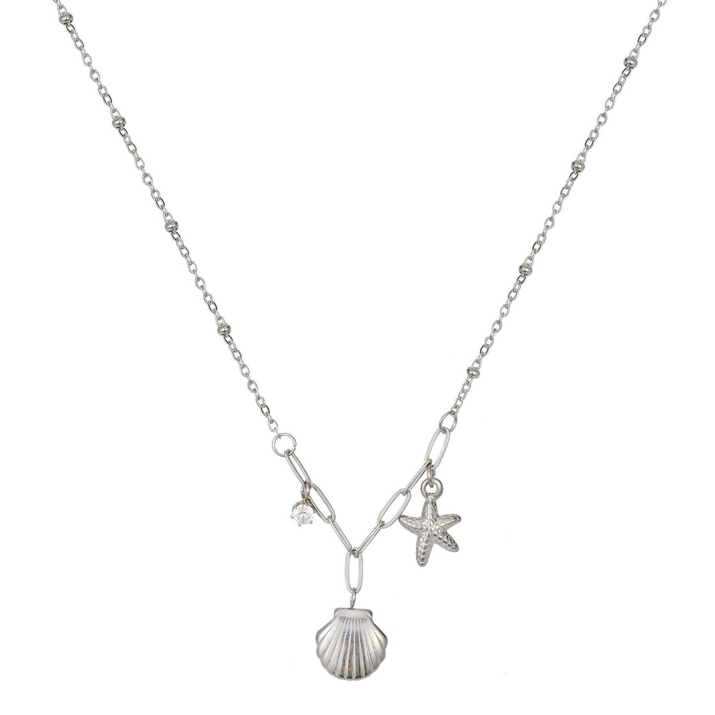 Stainless Steel Sea Life Starfish & Shell Necklace