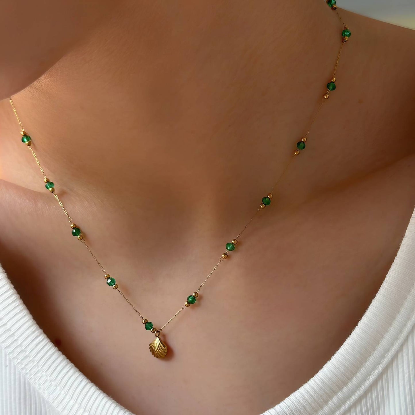 18K Gold Plated Stainless Steel Shell With Green Beads Necklace