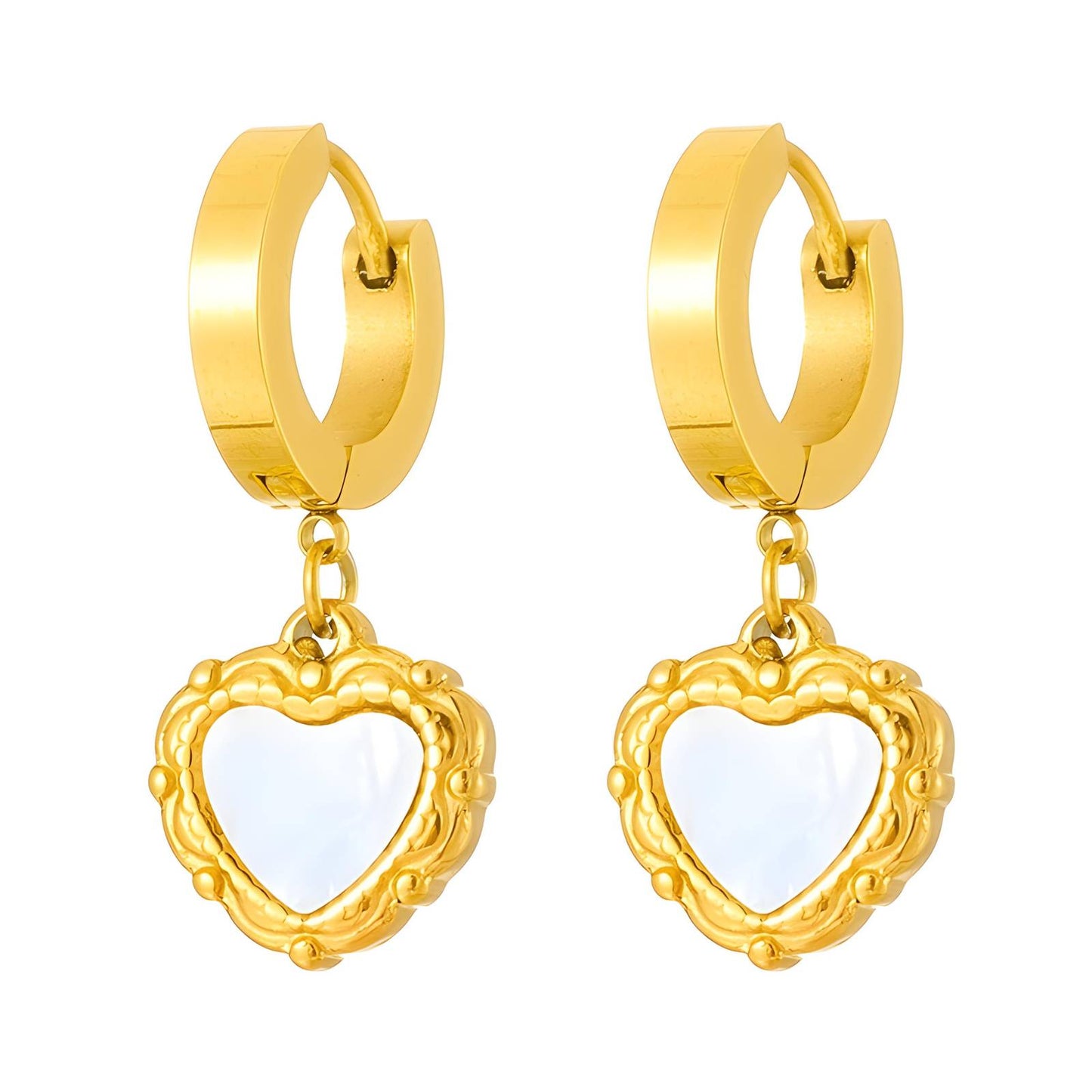 18K Gold Plated Stainless Steel Heart Loop White Enamel Flower Earrings