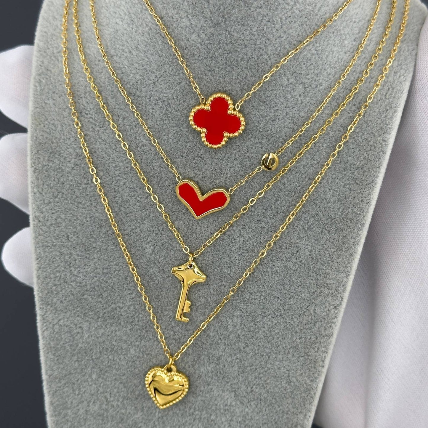 18K Gold Plated Stainless Steel Red Enamel Heart Necklace