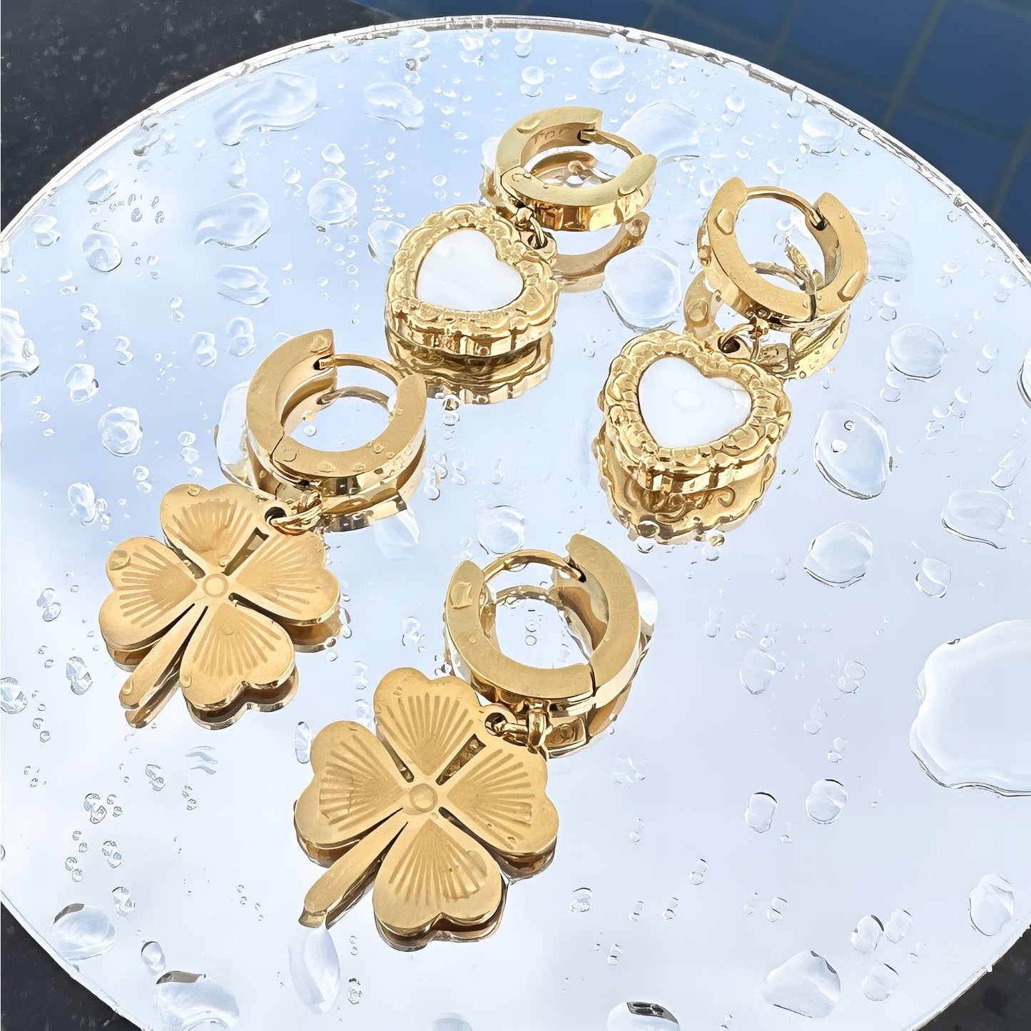 18K Gold Plated Stainless Steel Heart Loop White Enamel Flower Earrings