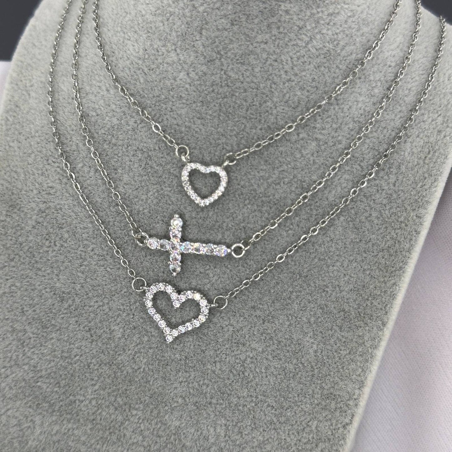 Stainless Steel Hearts Necklace With Cubic Zirconia Crystals