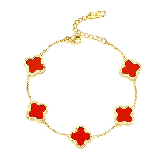 18K Gold Plated Stainless Steel Bracelet With Red Enamel Flower Design