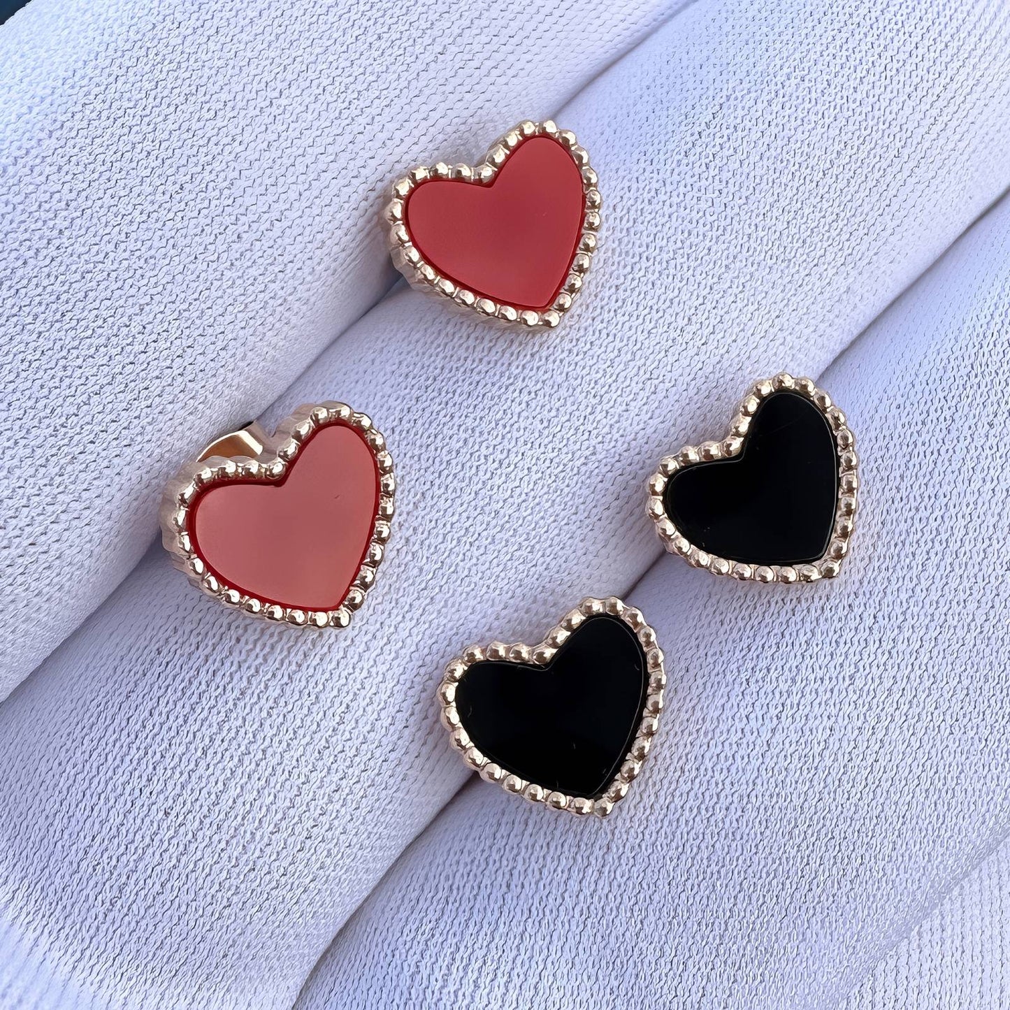 18K Gold Plated Stainless Steel Hearts Black Enamel Earrings