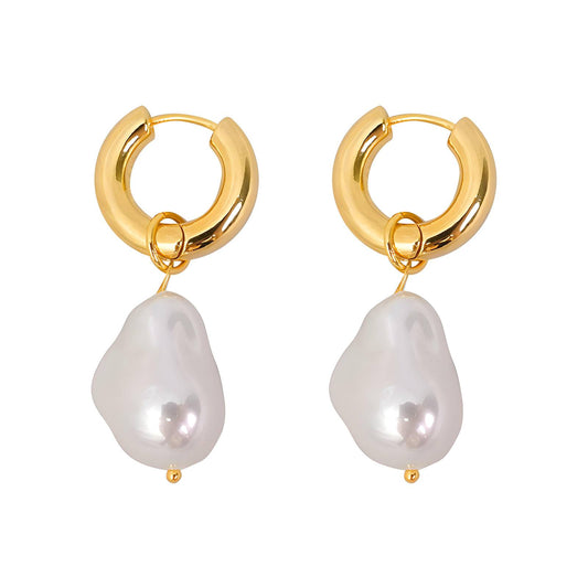 18K Gold Plated Stainless Steel Small Hoops Pearl Earrings