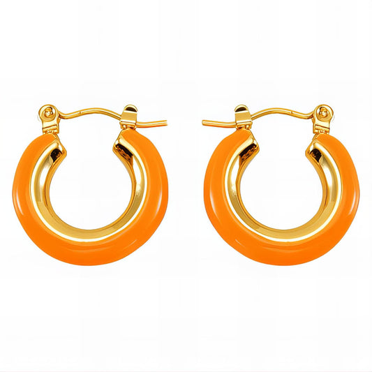 18K Gold Plated Stainless Steel Orange Enamel Small Hoops Earrings