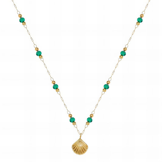 18K Gold Plated Stainless Steel Shell With Green Beads Necklace