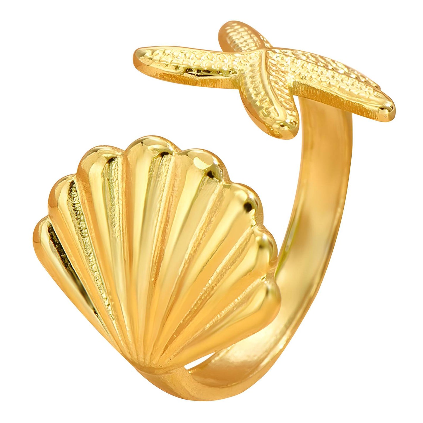 18K Gold Plated Stainless Steel Starfish & Shell Finger Ring