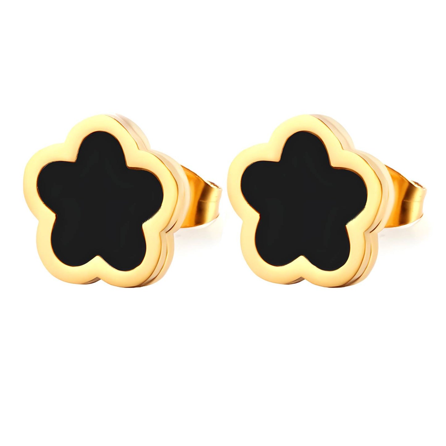 18K Gold Plated Stainless Steel Black Enamel Flower Earring