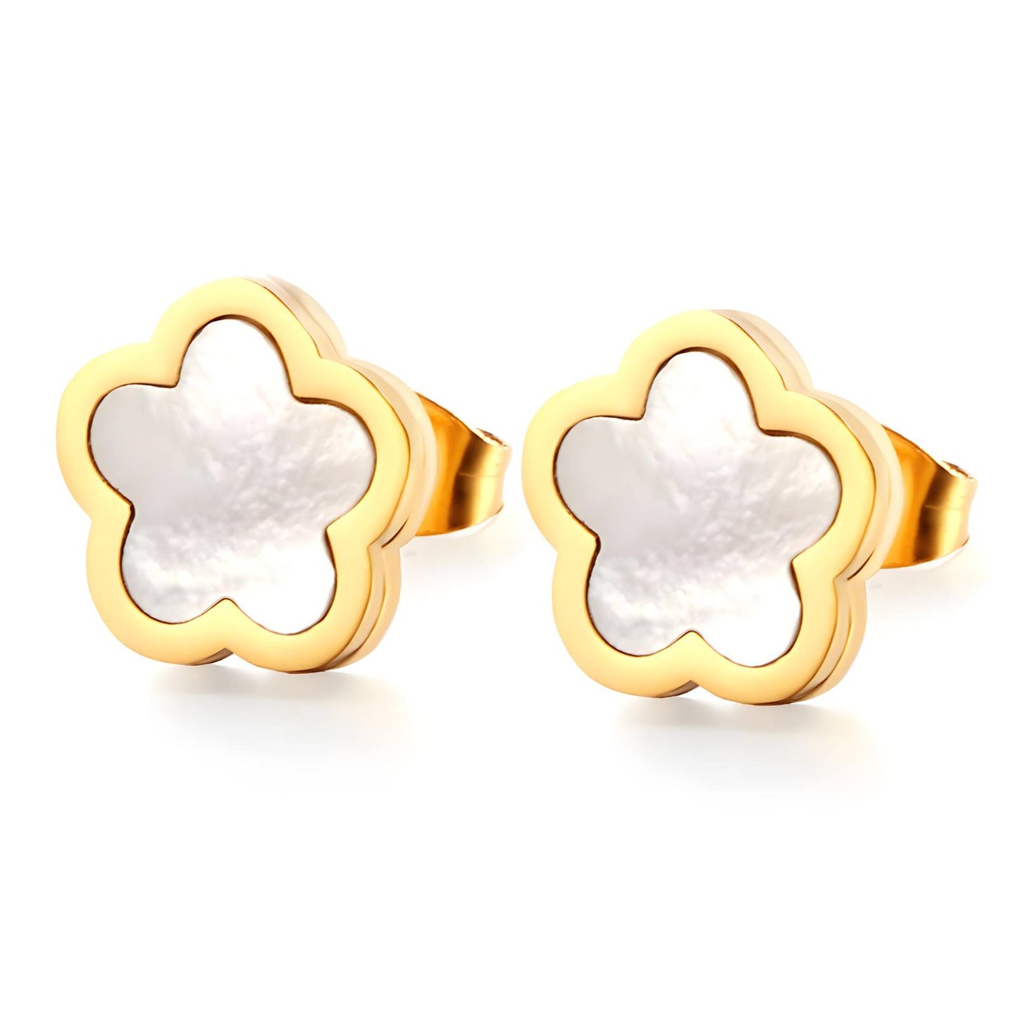 18K Gold Plated Stainless Steel White Enamel Flowers Earrings