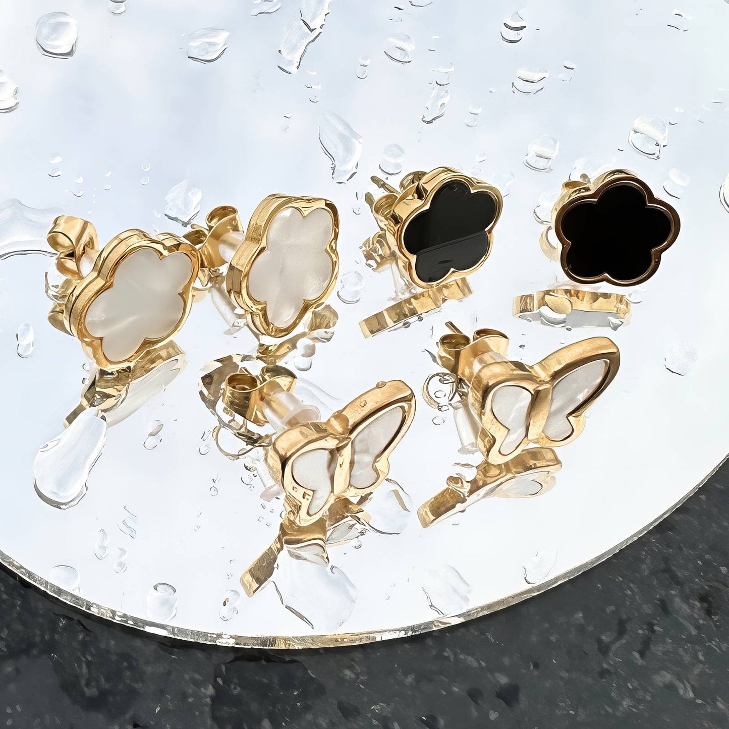 18K Gold Plated Stainless Steel Black Enamel Flower Earring