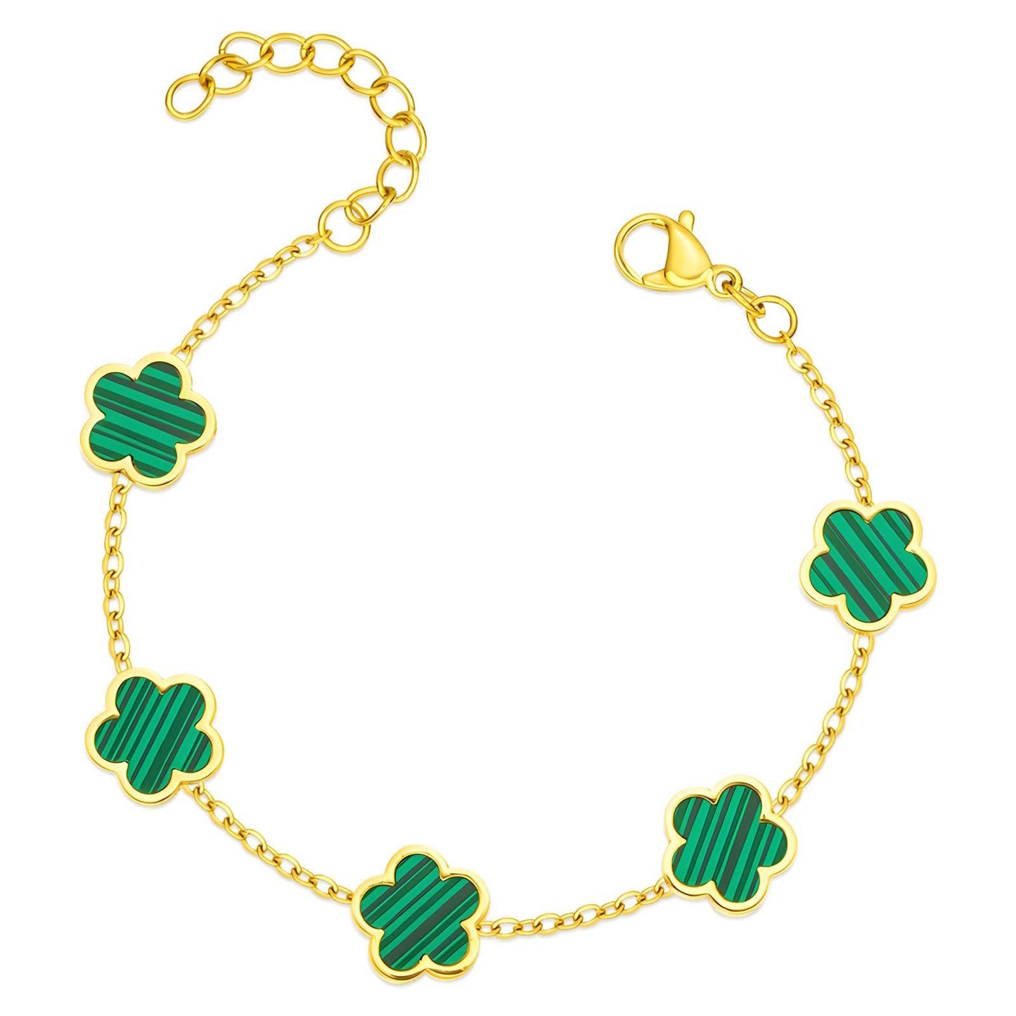 18K Gold Plated Stainless Steel Green Enamel Flowers Bracelet