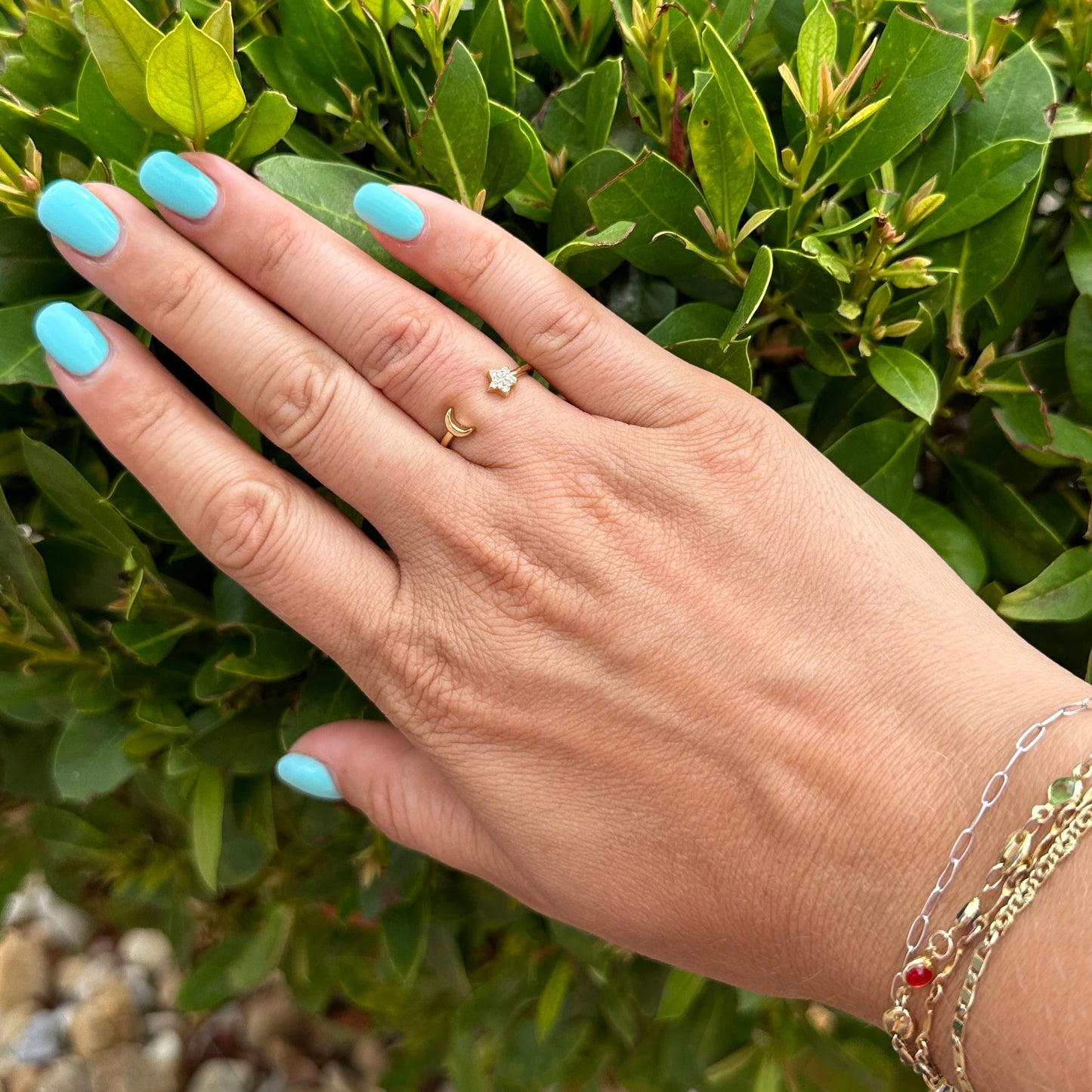 Dainty Moon and Star Gold Filled Crystal Ring One Size