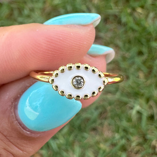 Evil Eye Gold Filled White Enamel Cubic Zirconia Ring One Size