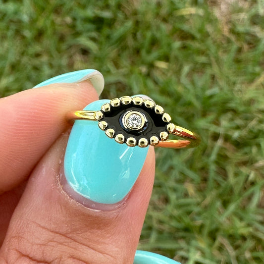 Evil Eye Gold Filled Black Enamel Cubic Zirconia Ring One Size